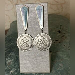 Silver Etched Flower Turquoise Enamel Inlay Dangle Earrings